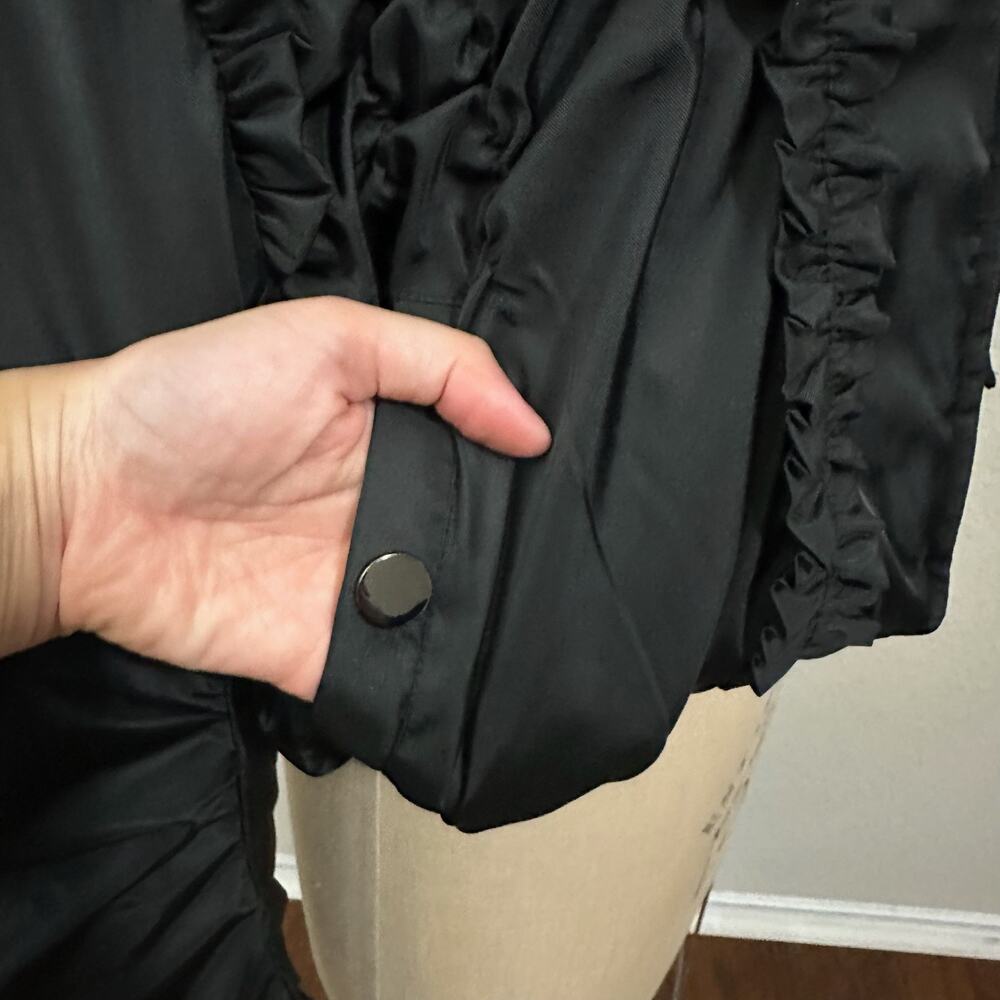 MABLE Bomber Jacket Black Lined Ruched Ruffled Cropped Relaxed Fit - Picture 4 of 11